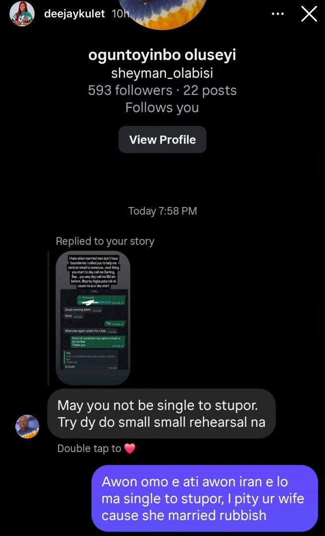 DJ Kulet calls out Nigerian man who shamed her for shutting down a married man using alluring words on her